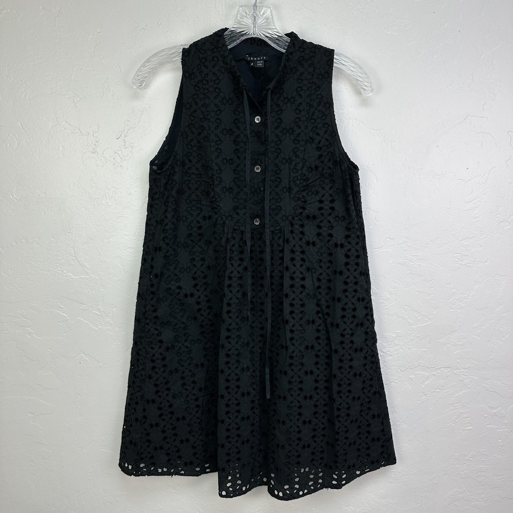 Theory Dress Womens 2 Black Sleeveless Eyelet A Line Wimsygoth Cottagecore - Picture 1 of 6